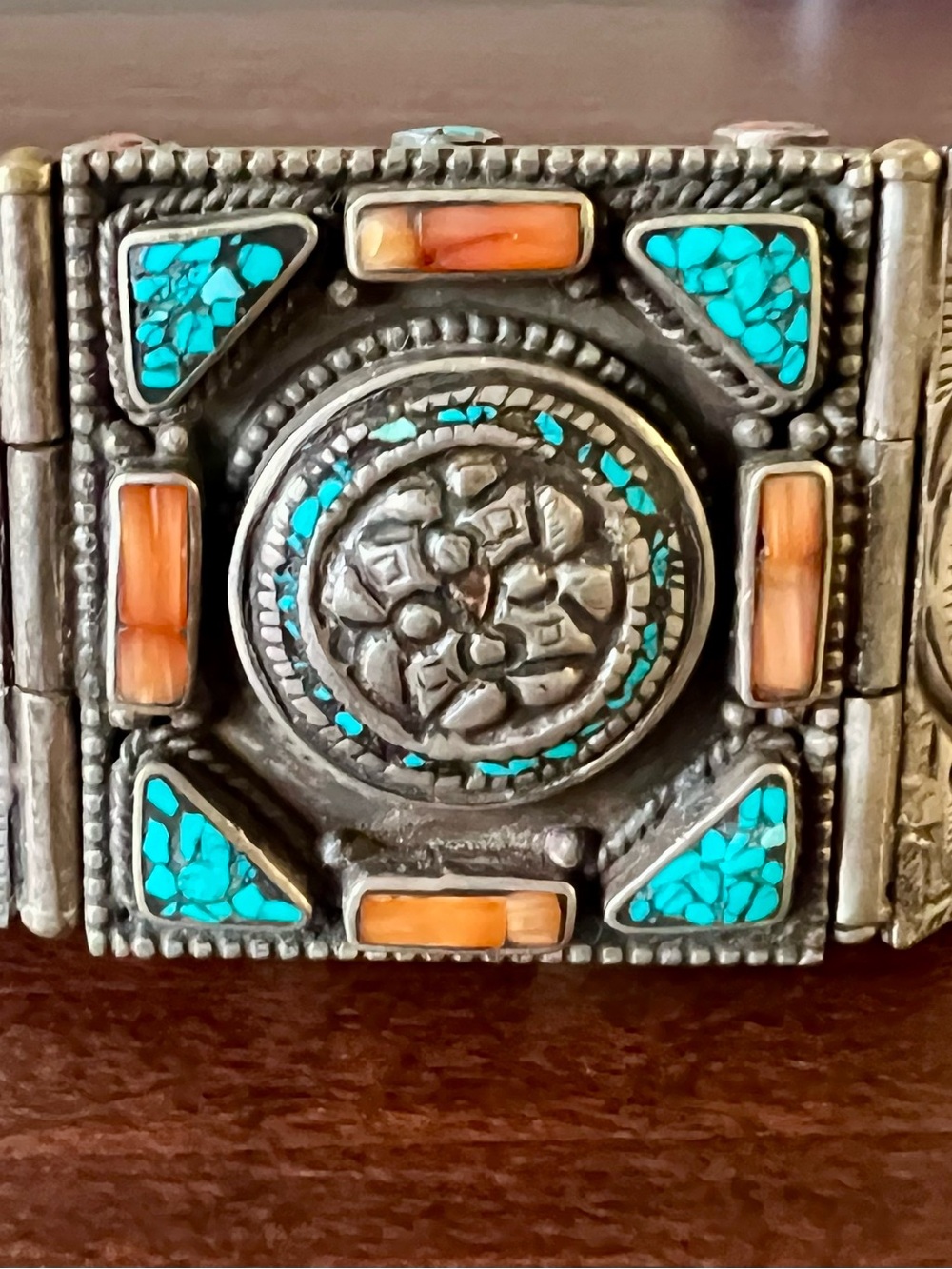 Vintage Tibetan Cuff Bracelet Turquoise Coral silver tone